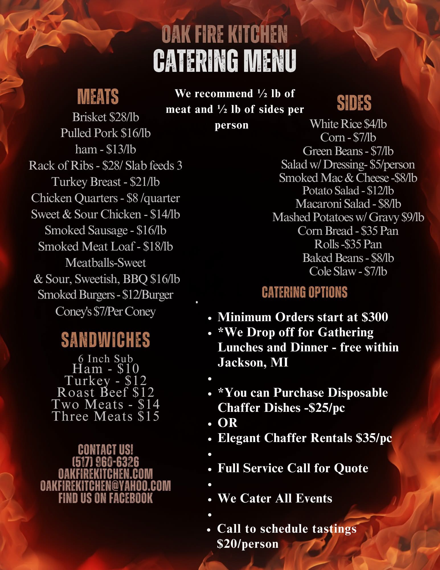 Oak Fire Kitchen Catering Menu Jackson Michigan